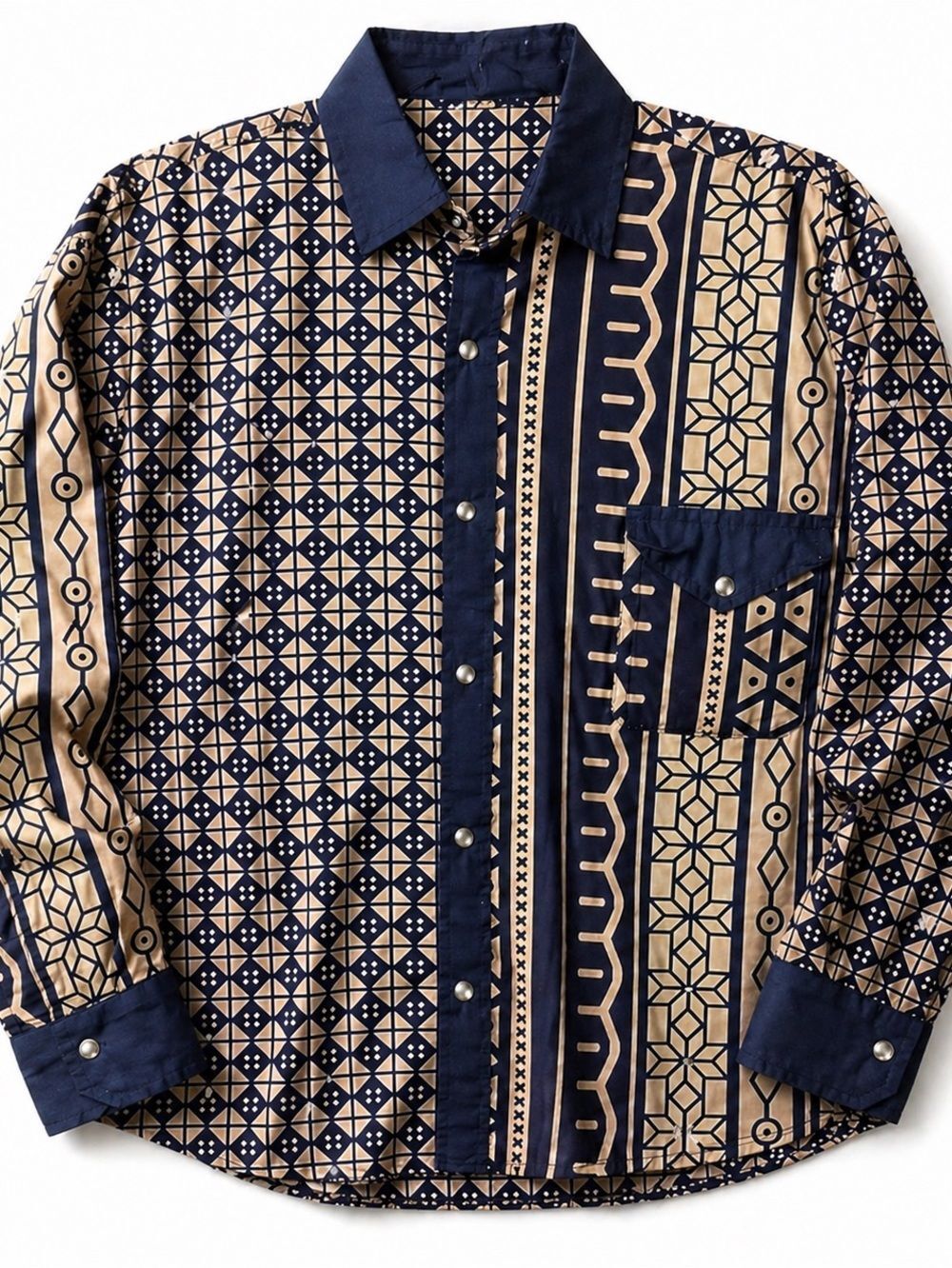 Vintage Western Pearl Snap Shirt Blue Tan Aztec Geometric Cowboy XL